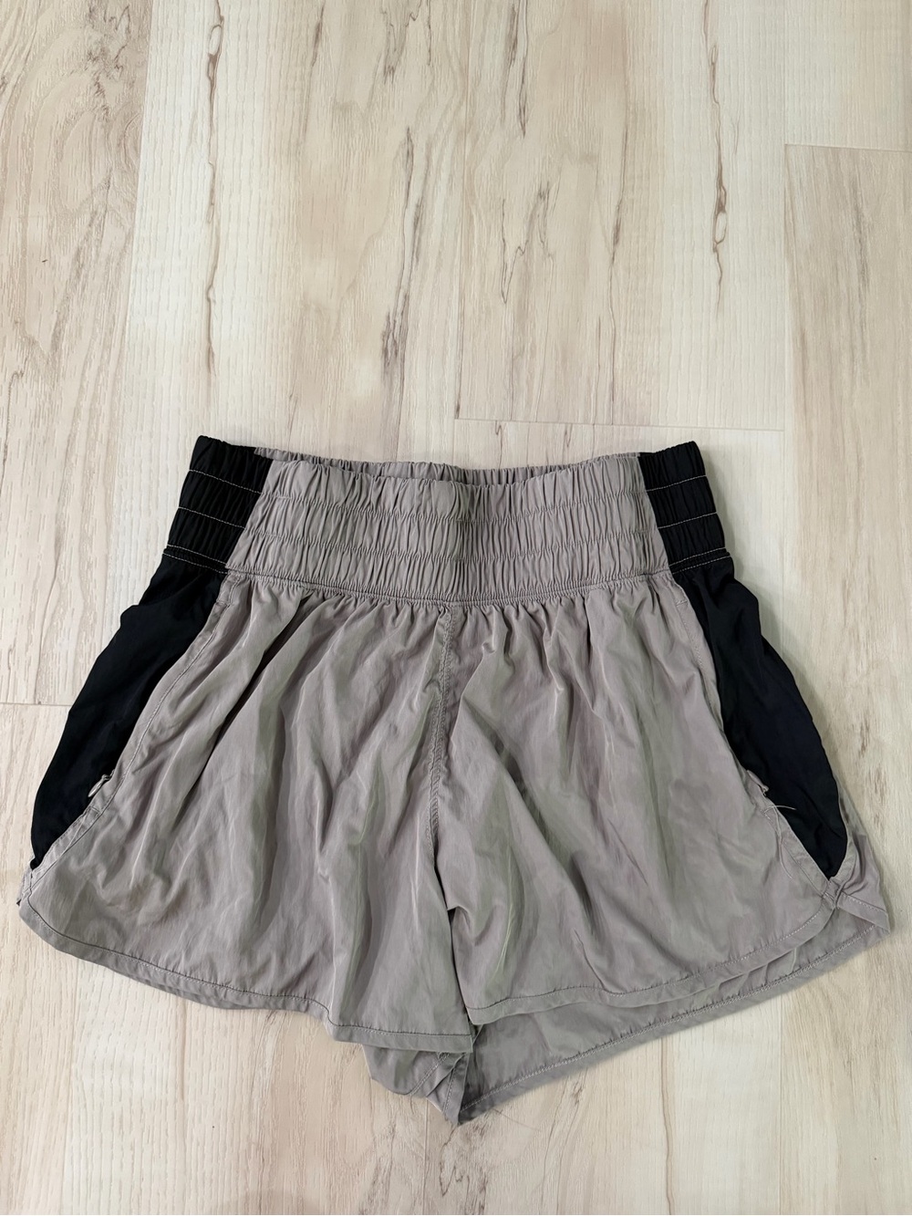 Women's Smocked Waist Athletic Shorts - Taupe with Black Panels